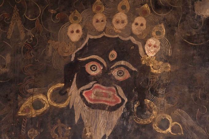As the murals in gönkhang at Galingteng continue to serve an important cultural and religious purpose, the restorers focused on a full mimetic reconstruction of each of the primary figures, including this representation of Brahmarupa Mahakala, a manifestation of Mahakala as a brahmin ascetic. a manifestation of Gönpo as Bhramarupa Mahakala,
