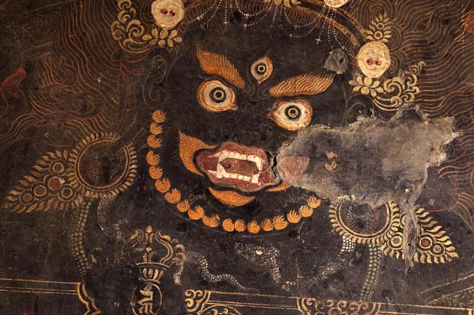 Chapels dedicated to protective deities are common features of monastic complexes and religious sites across the Tibetan Plateau. Chief amongst the protectors is Nakpo Chenpo (Mahākāla), the great black one. A mural of Gur Gönpo in the Galingteng Gönkhang before restoration