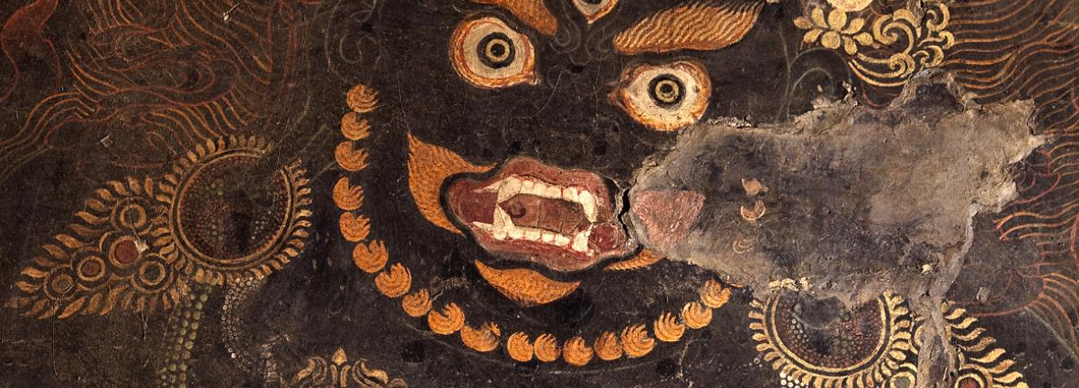 A mural of Gur Gönpo in the Galingteng Gönkhang before restoration
